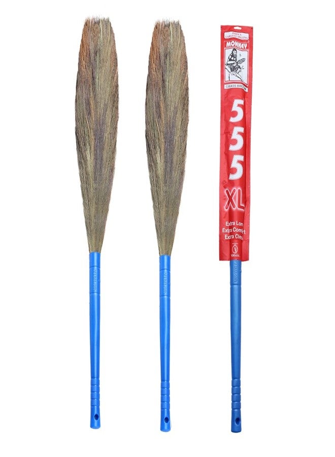 Monkey 555 XL Grass Hard Floor Broom - Pack of 2 | Broomstick Suitable for Larger Areas | Lengthy Garo Hill Grass | Removes Fine Dust | Knitted with Nylon Wire | Better Interlocking & Extra Grip, Blue - Image 1